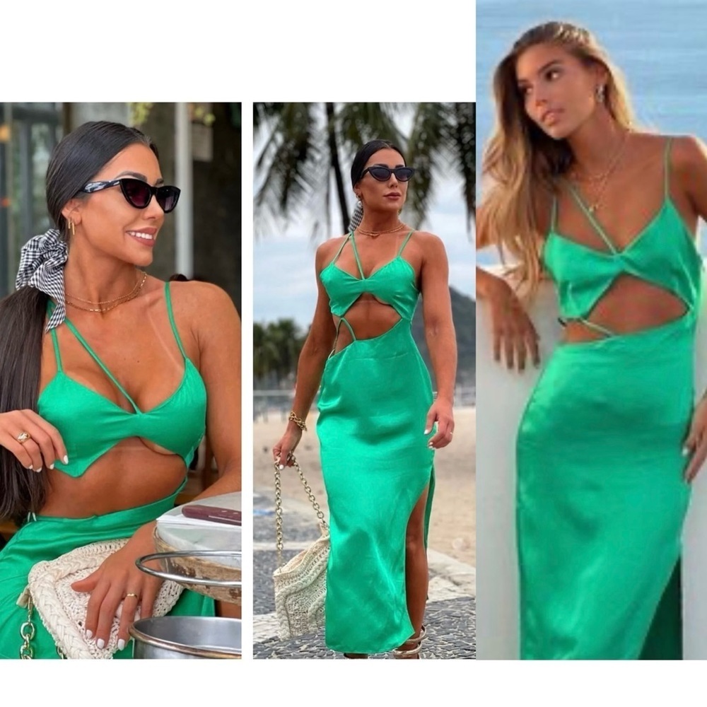 Zara green satin effect asymmetrical cut-out strappy crisscross slit midi dress - Picture 4 of 12
